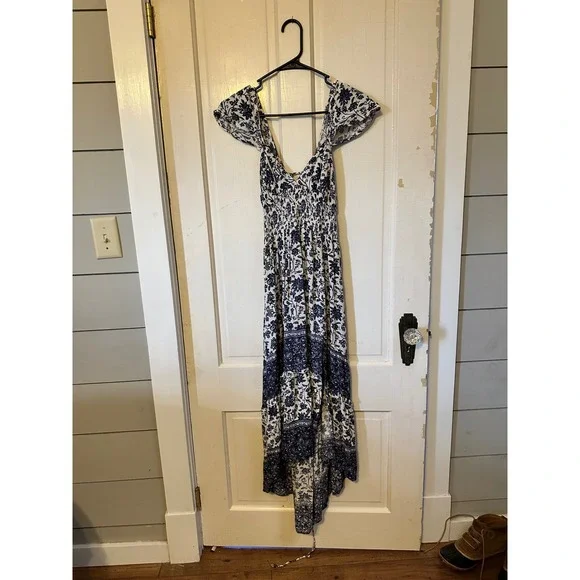 Daisies Blue White Floral Paisley Lace Up Back High Low Maxi Dress Large - Picture 2 of 5